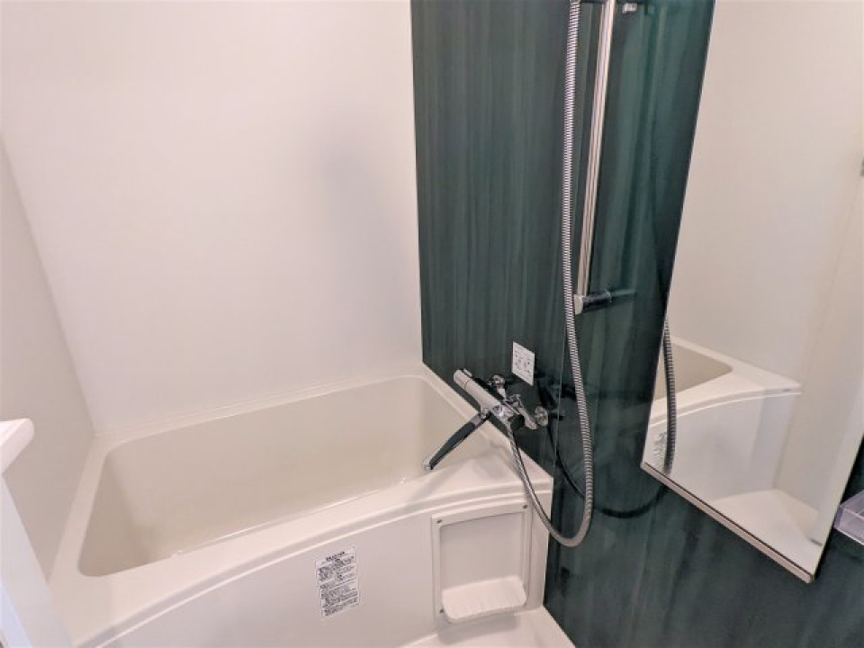 アクセントパネルがグリーンでバスルームが華やかな印象に。浴室乾燥機も付いています。