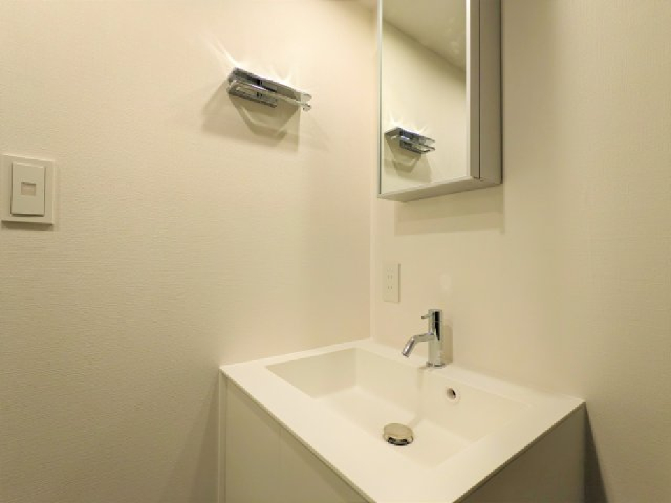 スタイリッシュな洗面台は、鏡の裏にも収納ができちゃいます。