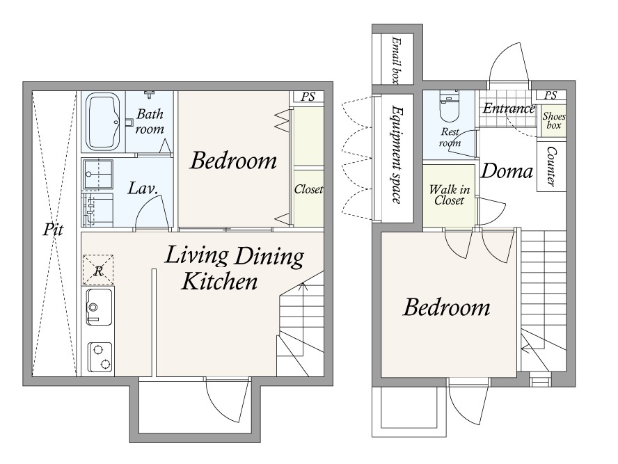 ベッドルームが2つある2LDKの間取り。