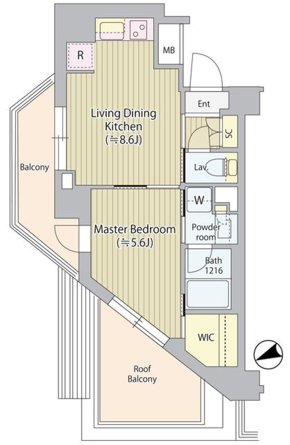 台形の寝室に台形のルーバル付きのお部屋です。