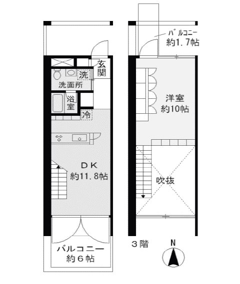 吹き抜けのあるメゾネットタイプです。
