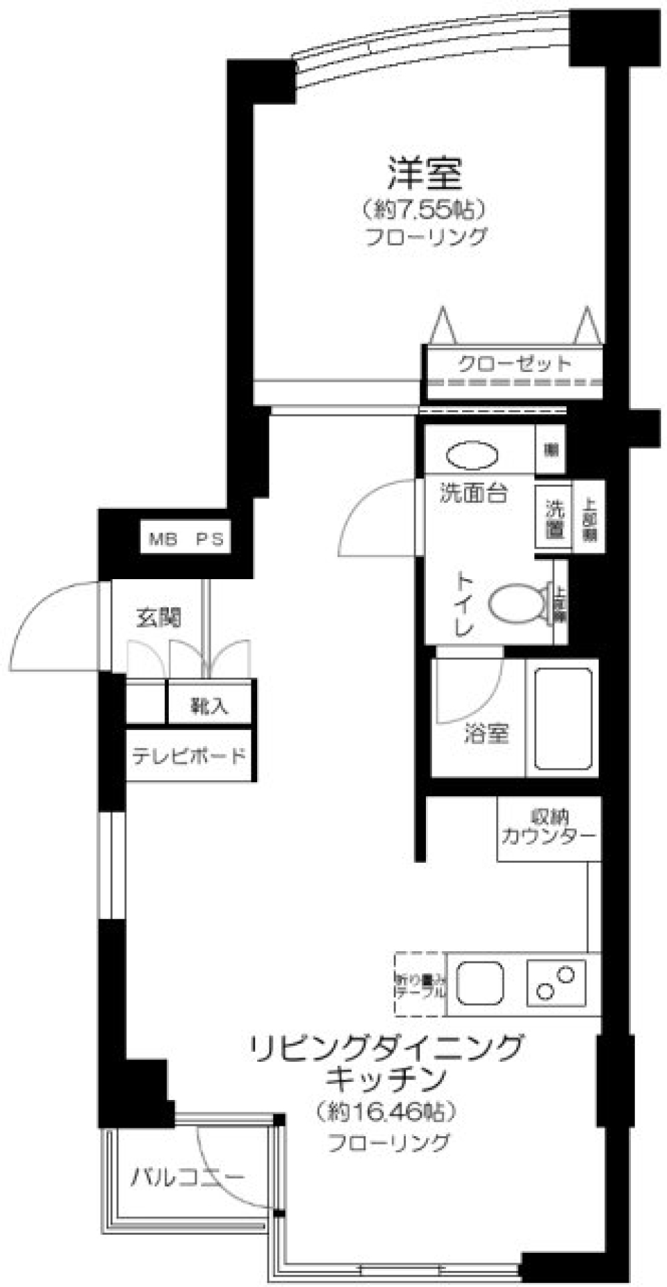 洋室とリビングが離れているタイプの1LDKです。