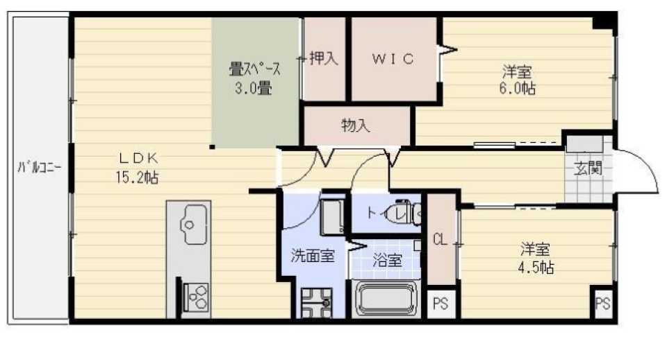 1段上がった畳のうえでの間取り図