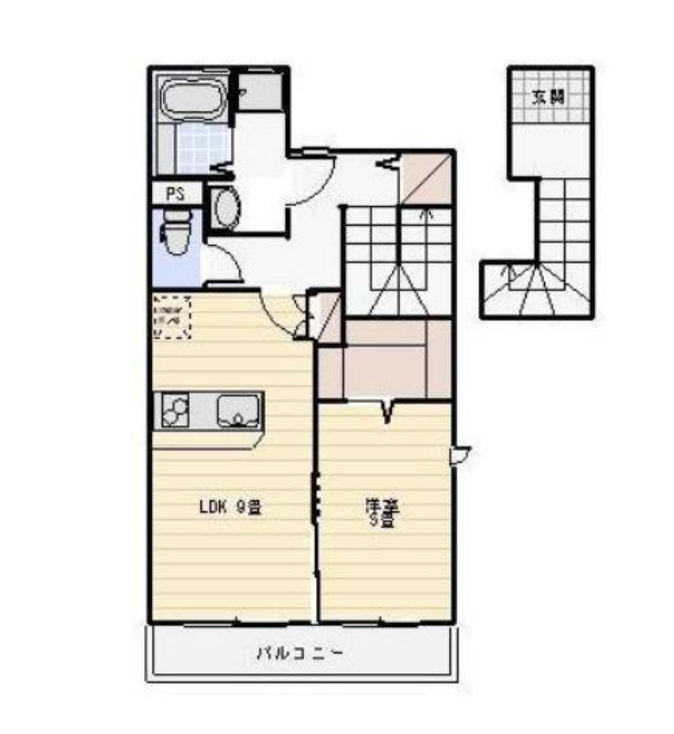 ９帖のLDK+５帖の洋室。水回りを北にまとめて生活動線もばっちりな間取り。