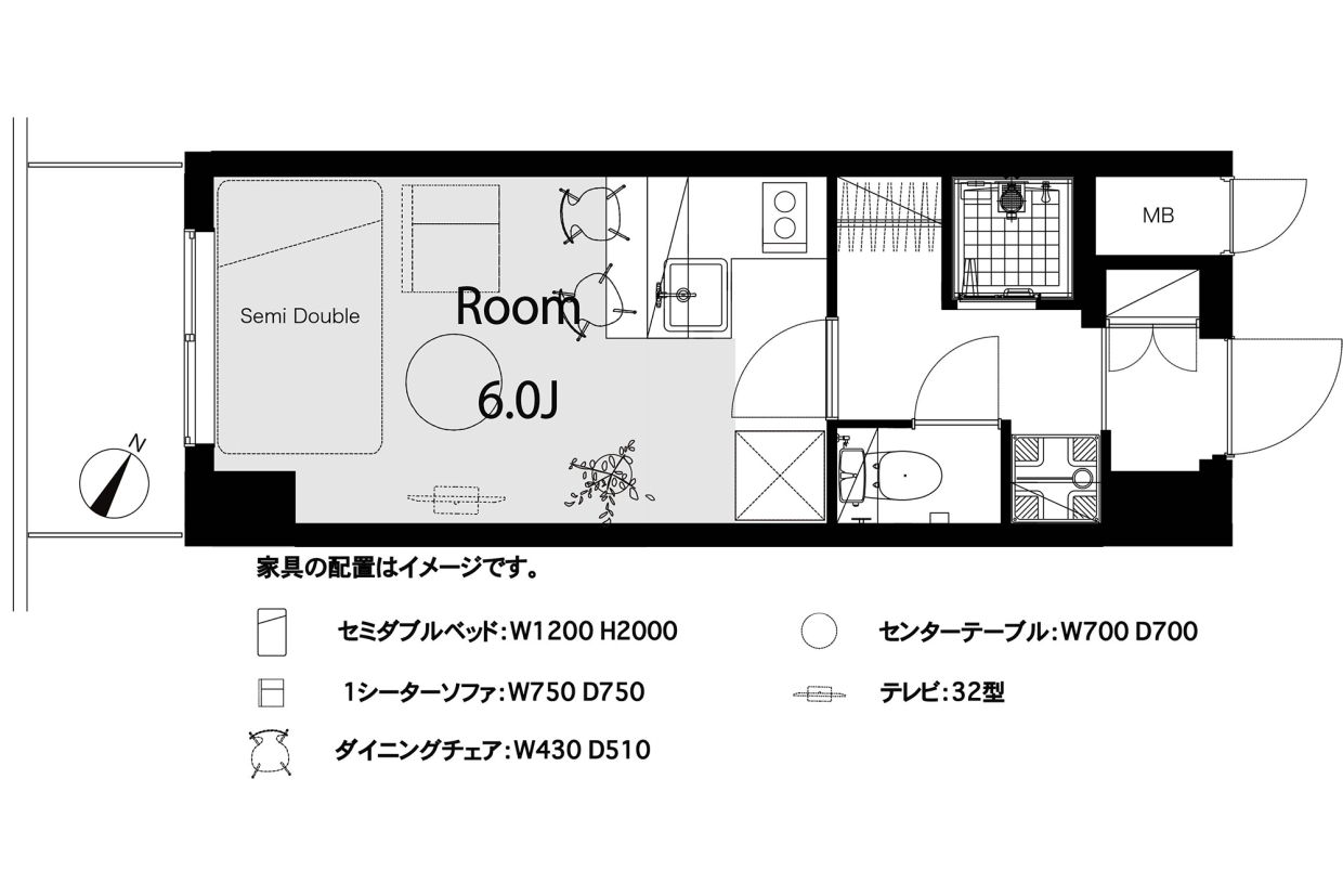 間取りはシンプルなワンルーム。必要な設備が揃っています。