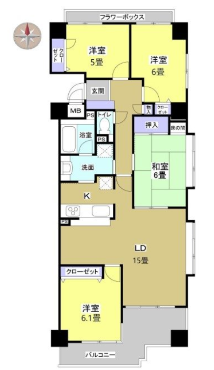 縦長の4LDKの間取り図。