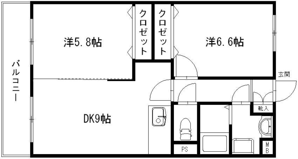 2DKの間取り図。