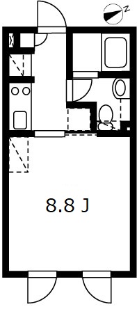 1Kの間取りで、居室は家具の配置がしやすそうな四角いお部屋です。