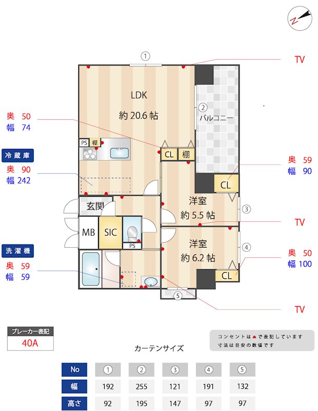 間取り図には、カーテンの幅からコンセントの位置まで全て書いてあります！嬉しい！