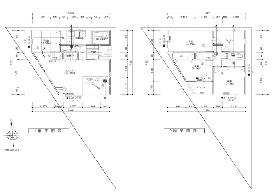 対面キッチンが絵になるリビングの新築戸建ての間取り図