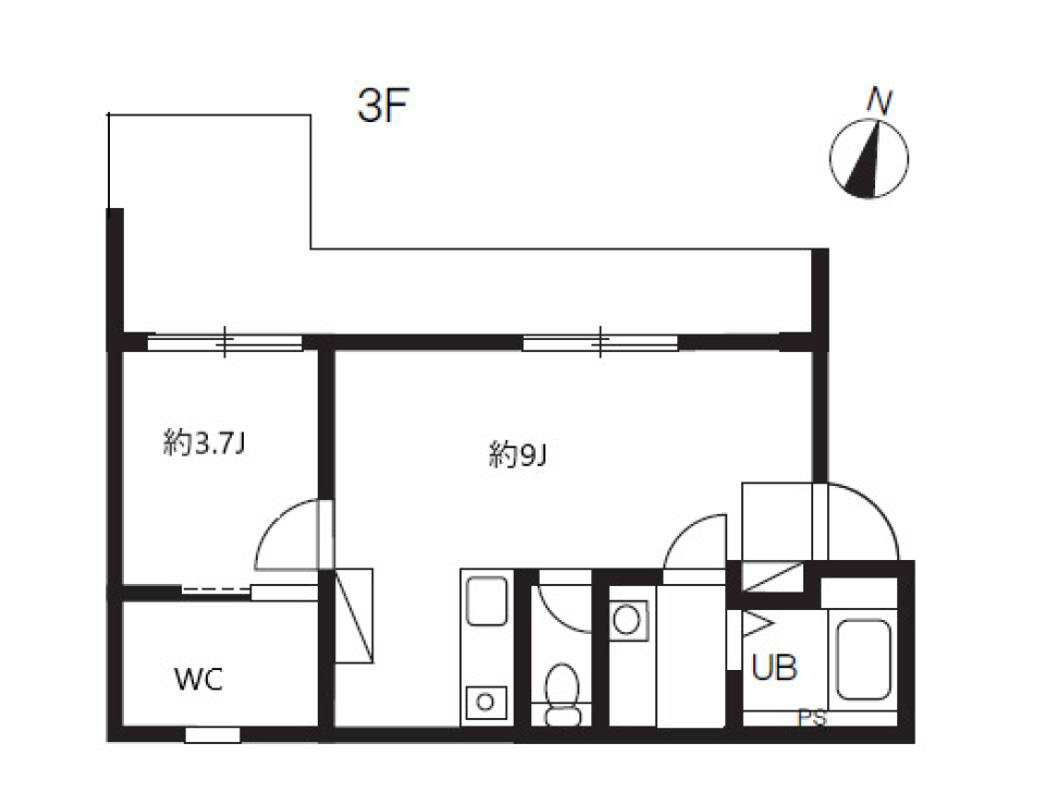 ルーフバルコニーのある1LDKのお部屋です。