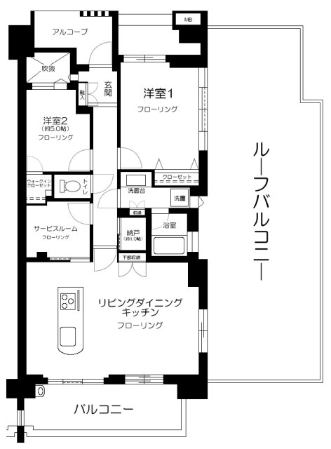 ルーフバルコニー付きの2SLDKの間取りです。