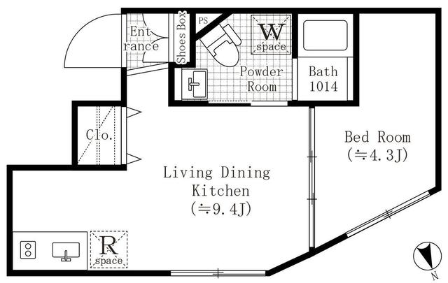 広めのLDKに台形っぽい寝室がついたお部屋です。