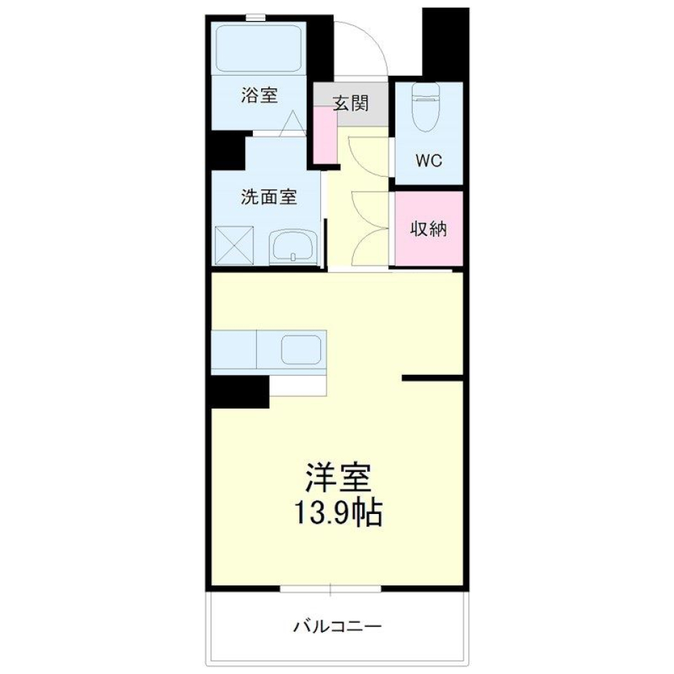 赤いキッチンが映える部屋の間取り図