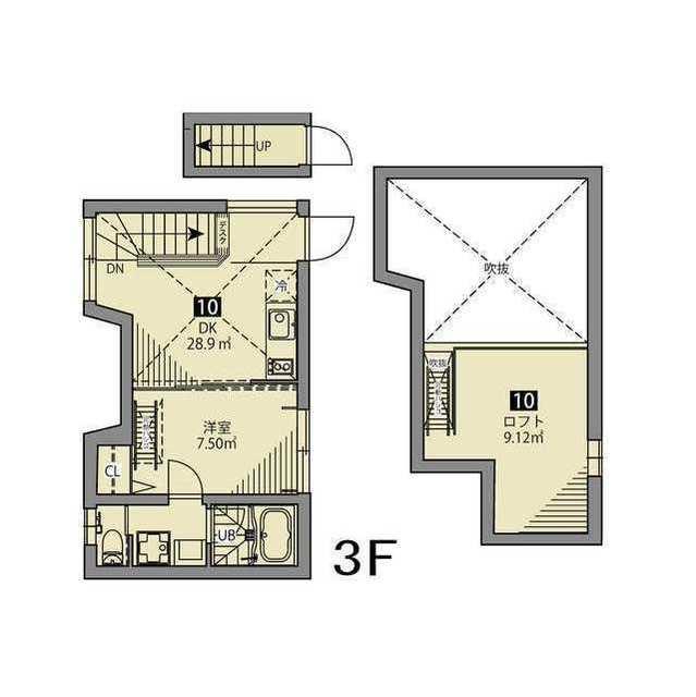 1階は玄関のみ、2階が居室＋ロフト付きという間取りです。