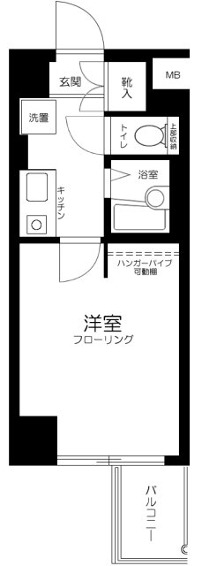 キッチンが分かれた1Kの間取りです。