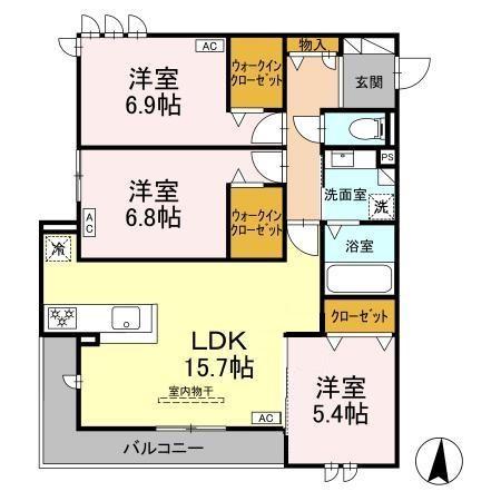 最上階、角部屋の3LDKの間取り。