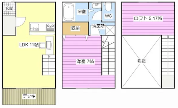 ウッドデッキ付きの戸建て賃貸。