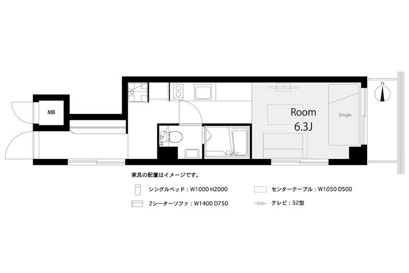 細長ーい廊下と、四角い居室に分かれています。