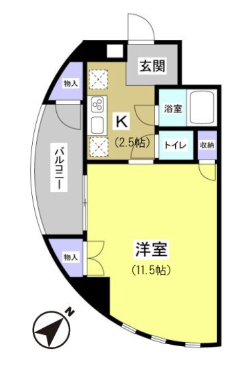 三日月型の1Kの間取り。