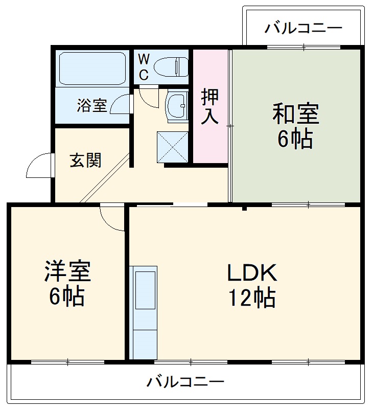 両面バルコニー！2LDKの間取り図。