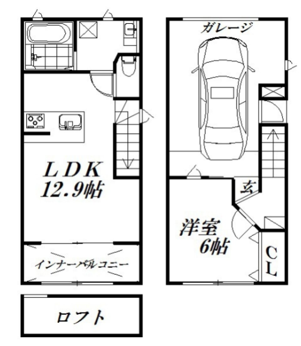 緑に囲まれたガレージの間取り図