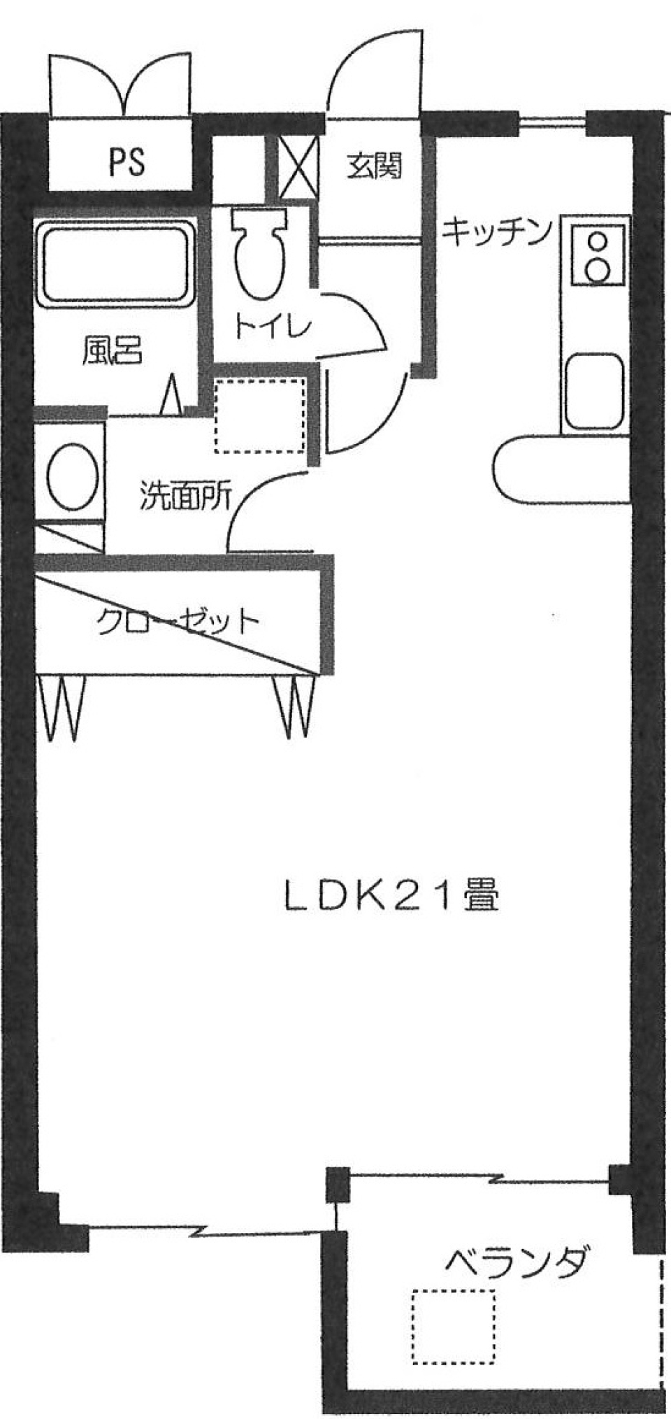 景色を楽しむ広々ワンルームの間取り図