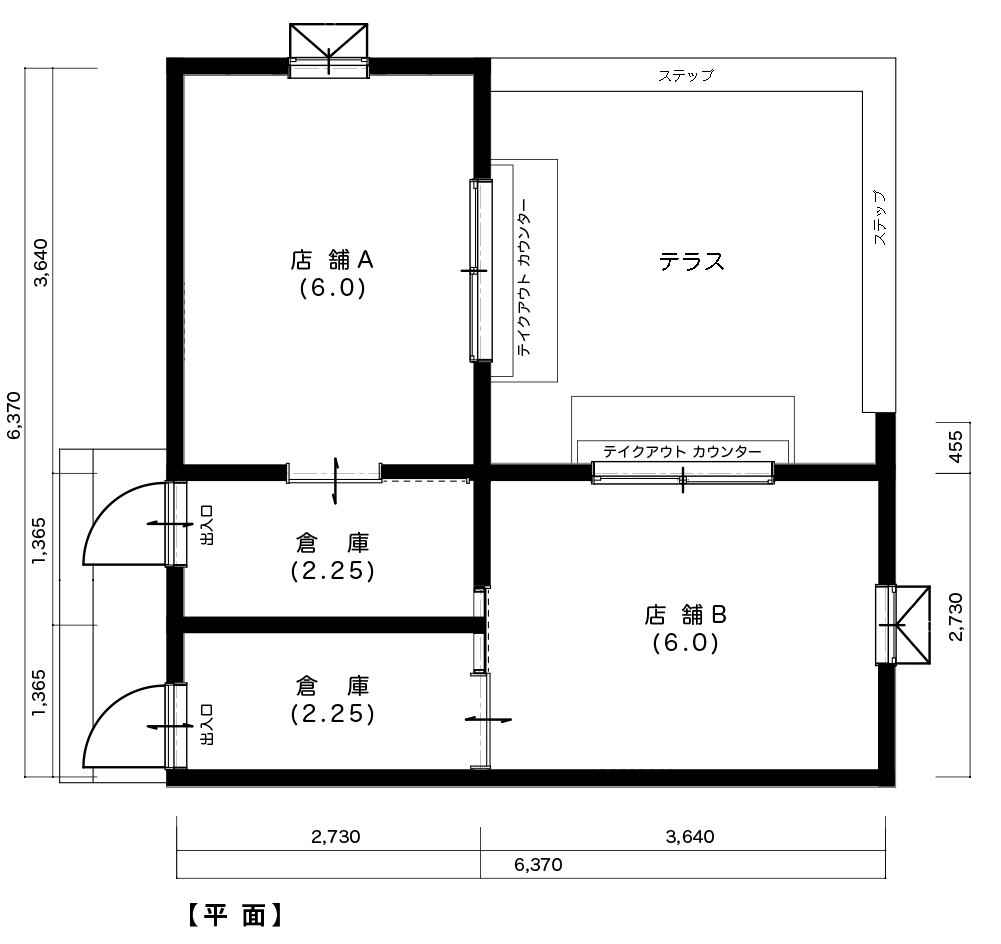 A/B区画の間取り。8帖の厨房エリアに2帖ほどの倉庫（休憩室）があります。