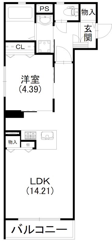 1LDKの間取り図。