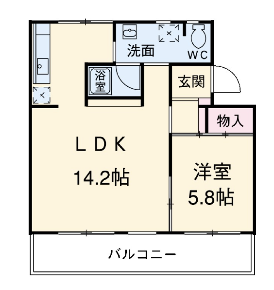 1LDKの間取り図。