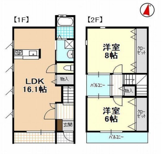 2階の洋室2部屋の間にバルコニーがある面白い間取り