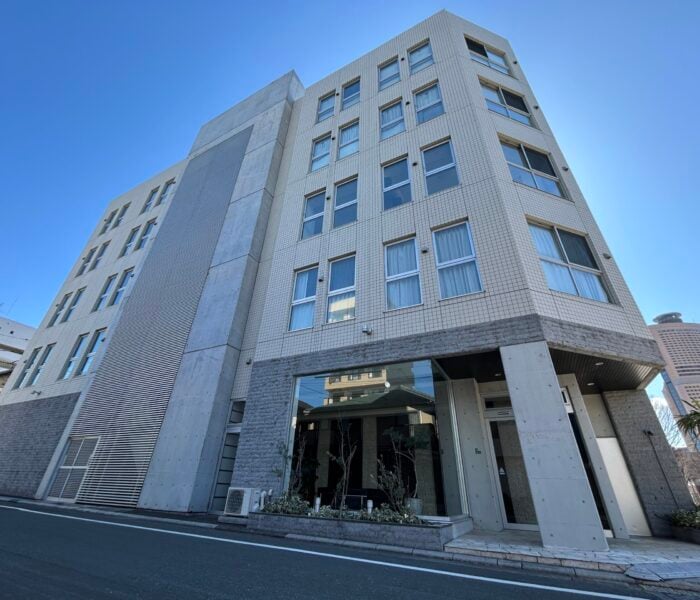 外観。中央の地にそびえ立ちます