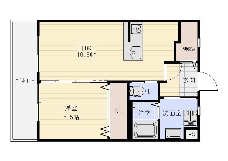 42.00㎡の1LDK。土間収納つきなのが嬉しい。