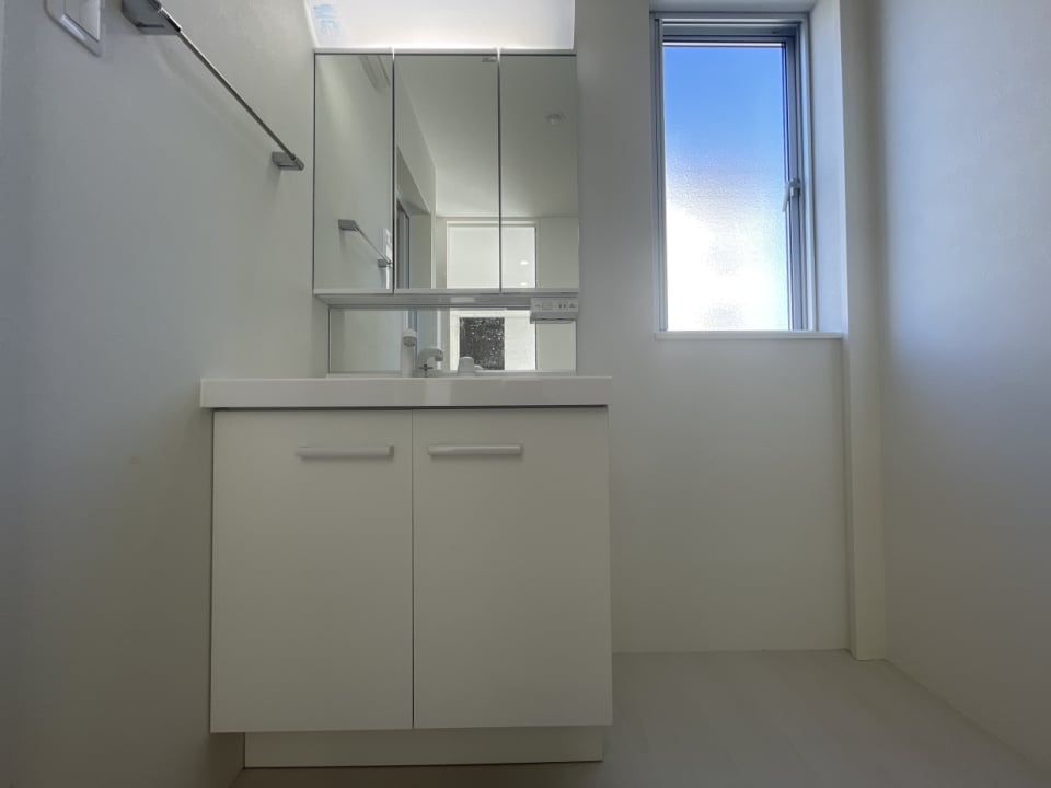 洗面台は3面強タイプで収納力があります