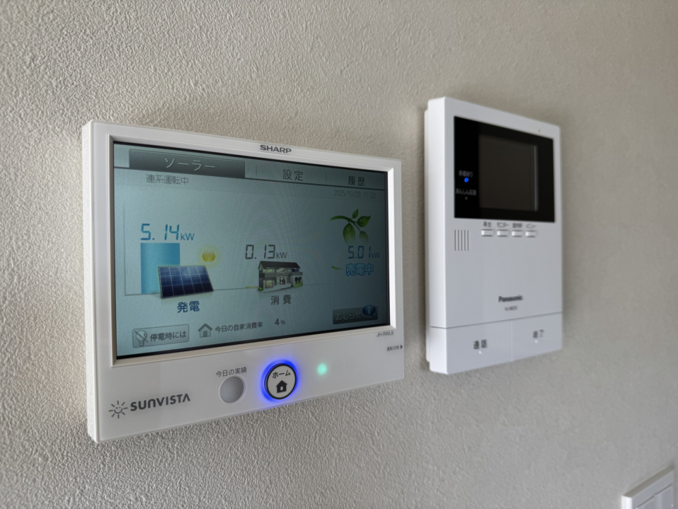 太陽光発電もあり、このパネルで現在の発電量も確認できる