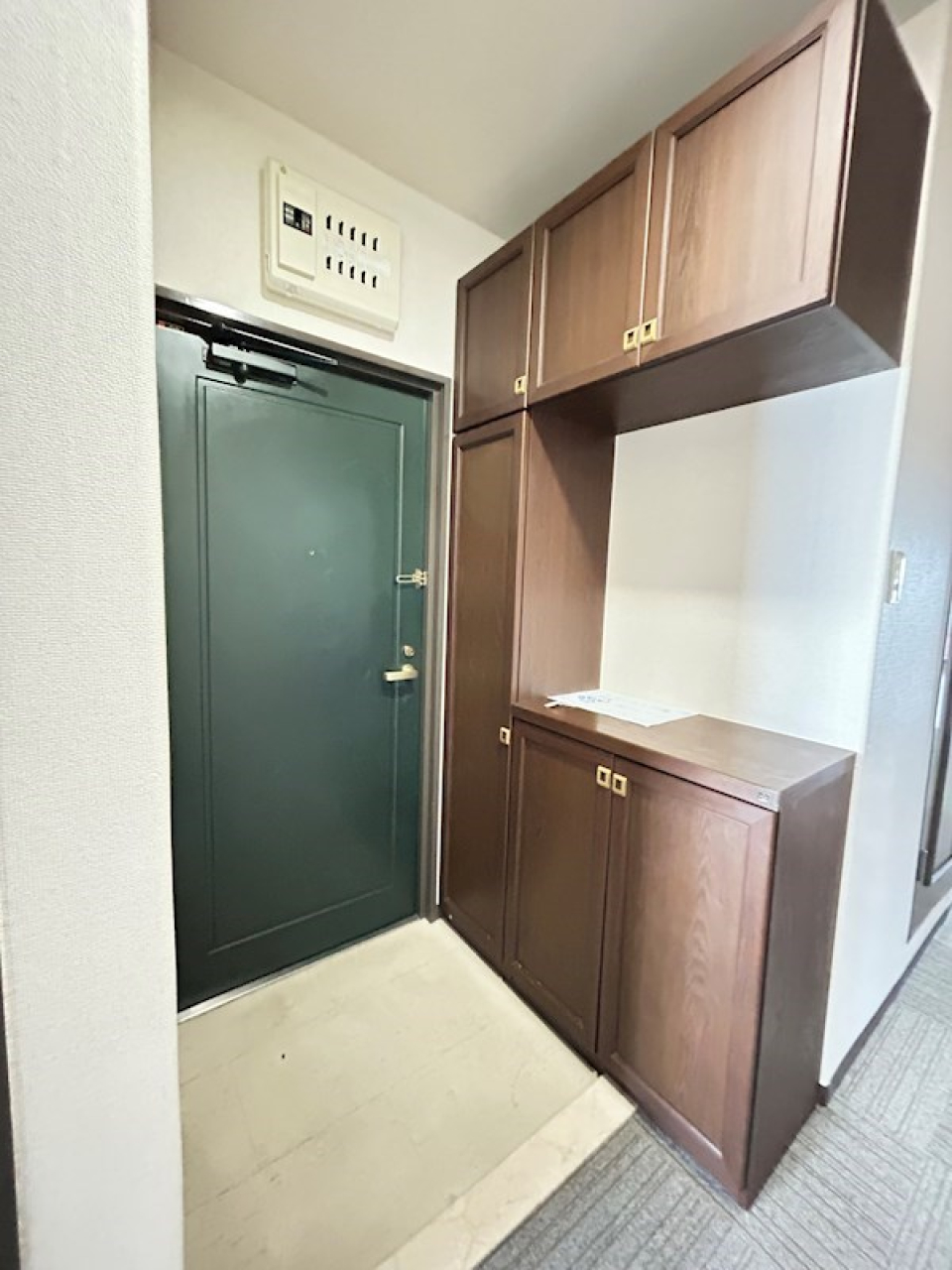 玄関、扉の緑がオシャレ