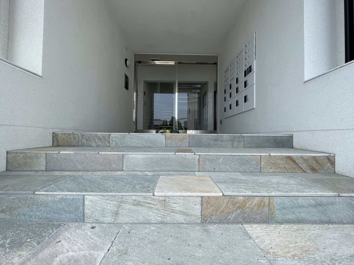 エントランス入り口の階段はアースカラーの床がユニーク