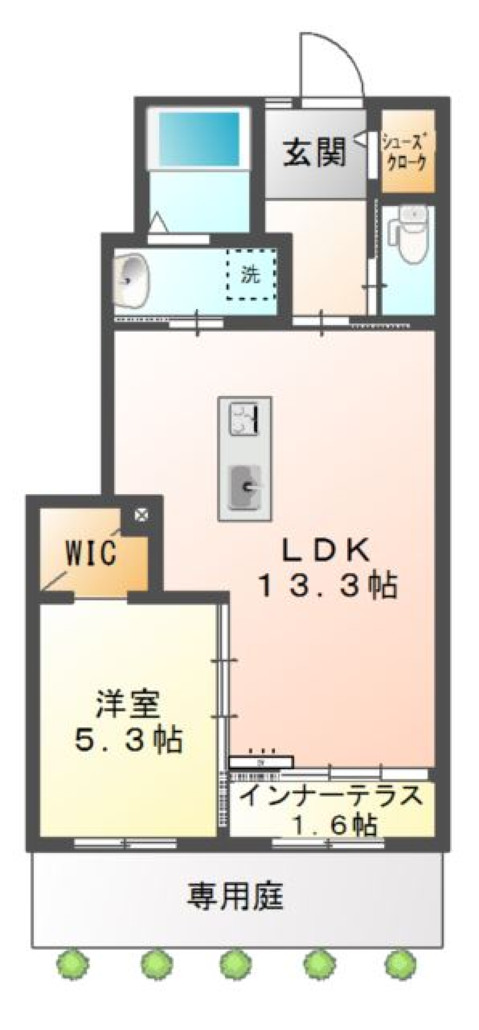 しっぽのステップが弾む専用庭［ペット可］の間取り図