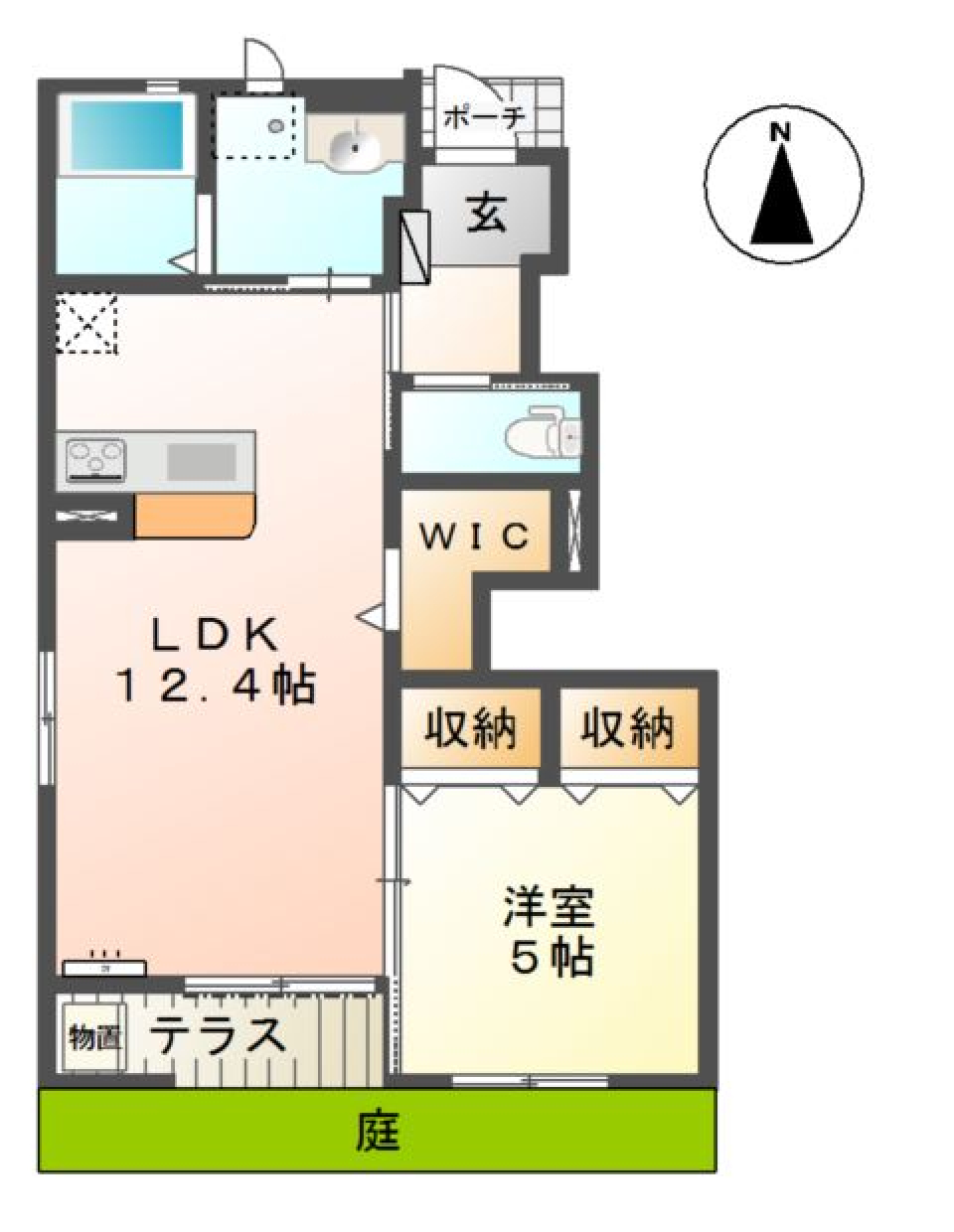 WIC&times;外部収納・庭付き1LDKライフの間取り図