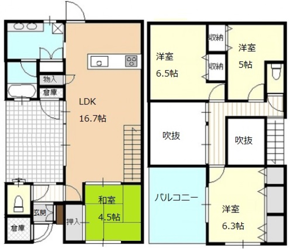 プライベートコート・吹き抜けのある邸宅の間取り図