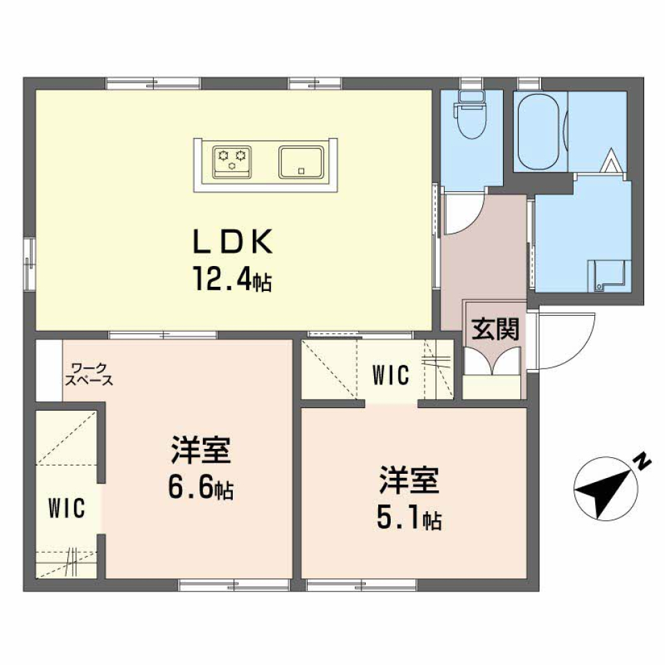 アイランドキッチンに豊かな色彩。豊かな動線をあなたならどう生かしますか。の間取り図